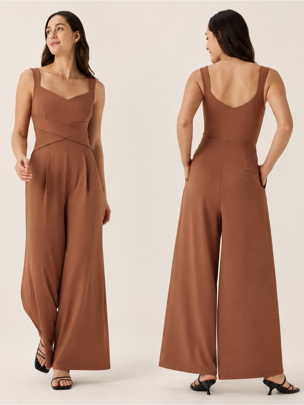HALARA Wide-Leg Strappy Jumpsuit in Cognac Brown